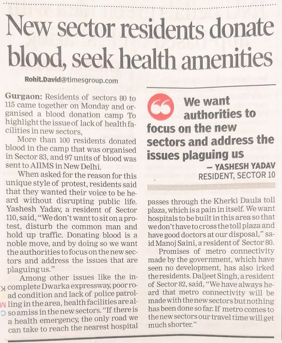 YasheshYadav's tweet photo. Our 2nd unique protest After #DxPL Cricket tournament
We are organising a blood donation camp in #NewGurgaon #AIIMS
Thanks for Covering @rohitedavid
Via @TOIGurgaon
We want #CrimeFreeNewGurgaon
#DwarkaExpressway Completion
#KherkiDaulaToll Removal
#BasicAmenities
@cmohry https://t.co/cHowZkyRDX