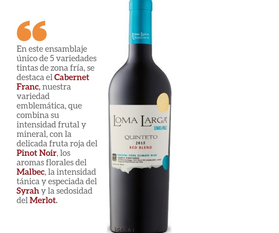 LomaLargaWines's tweet photo. QUINTETO🍷

Nuestro ensamblaje Quinteto mezcla las 5 cepas tintas de clima frío que producimos 100% en el Fundo Loma Larga, en el Valle de Casablanca. Cabernet Franc, Malbec, Syrah, Merlot y Pinot Noir. Y celebramos Medalla de Oro 95 puntos DECANTER para su cosecha 2015 🥇🏆 https://t.co/suP06vB757