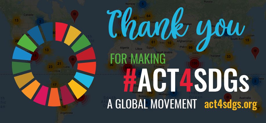 THANK YOU for making the 2018 Global Day to #Act4SDGs a global movement 🙌 🌐! ONE MILLION people in more than 1200 cities in 142 countries joined #SDGs actions led by more than 1640 individuals & organizations! bit.ly/2QpBCq6 #GlobalGoals #UNGA