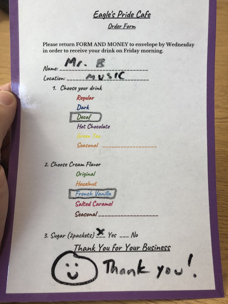 thenotoriousmrb's tweet photo. EC in our school started a coffee delivery service. Elementary students collect orders, count coins, and deliver coffee to teachers. Curriculum based with real world application. Amazing on all levels. @CMS_EC @CharMeckSchools #WeAreTCE #tipincluded https://t.co/RvEKgkHDze