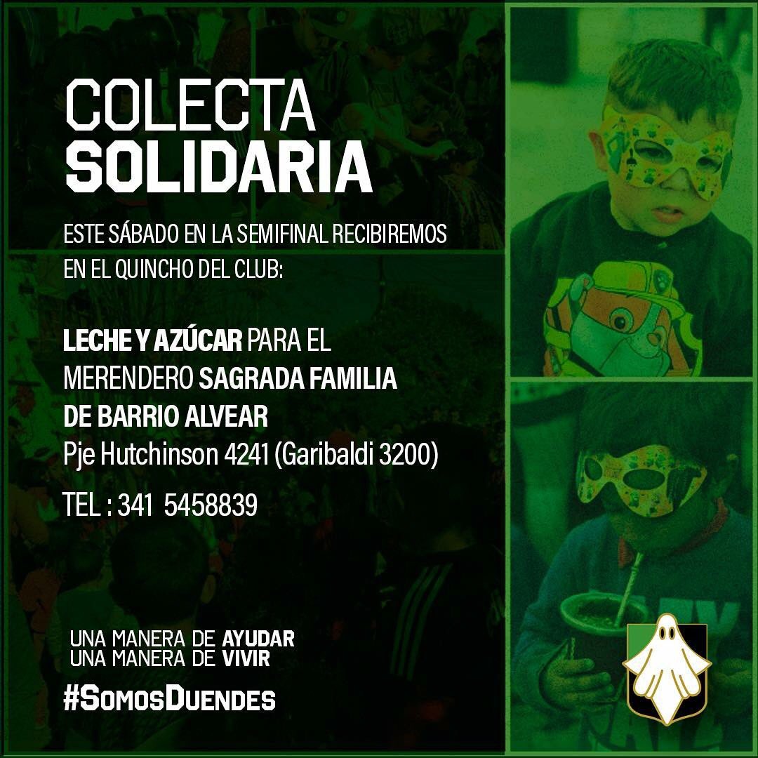 COLECTA SOLIDARIA 💚🖤👻
En la #Semifinal del sábado recibiremos en el quincho del #Club
👉 Leche
👉 Azúcar 
Para el #MerenderoSagradaFamilia
#AyudemosAAyudar #SomosDuendes #DuendesDeMiVida