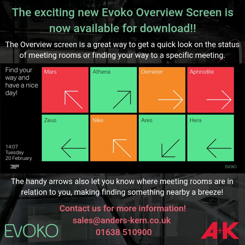 AndersKernUKLtd's tweet photo. We are excited to announce the new @Evoko Overview Screen!πFind the status of a meeting room quickly or find an available room for instant bookings! Follow the link to the download page https://t.co/05ZxF2bOZx Meetings Made Magnificent!π₯#evoko #evokoliso #roombooking #avtweeps https://t.co/kAQvHbakP7