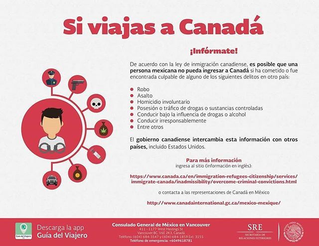 ConsulMexBoi's tweet photo. De acuerdo con la ley de inmigración canadiense, es posible que una persona mexicana no pueda ingresar a Canadá si ha cometido o fue encontrada culpable de algún delito en otro país. ¡Infórmate!

Para más información visita: https://t.co/m35aMJplJF

#Pr… https://t.co/WOYZcmEV6c https://t.co/WHi0ByHtSA