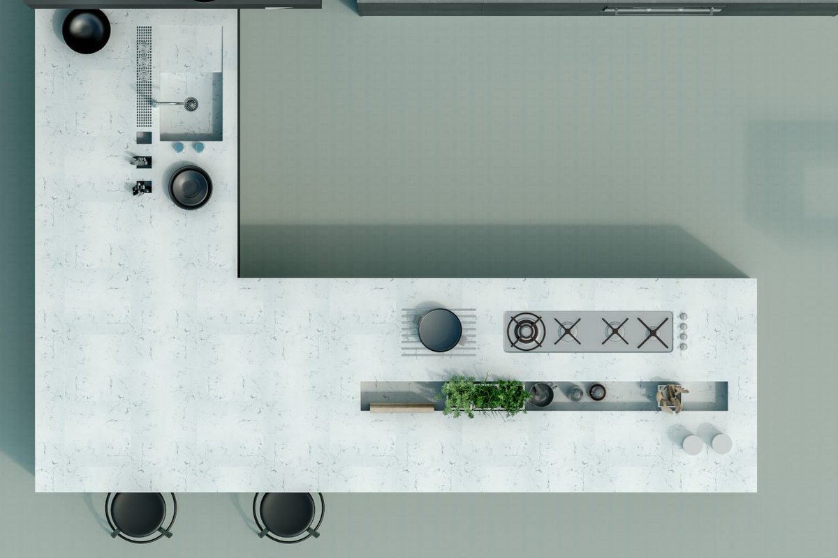 Worktops_net's tweet photo. We absolutely love the simplicity of this kitchen worktop design. An L-Shaped @TechnistoneCZ Noble Areti Bianco worktop with sunken features to accommodate a hob, sink and lowered element for accessories and plants. 

Simply wonderful! https://t.co/bFzPAJ4b72