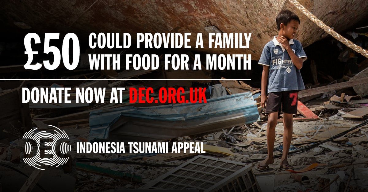 Mae miloedd o bobl wedi mynd heb fwyd ers dyddiau yn dilyn tswnami yn #Indonesia. Gall £50 brynu bwyd am fis i deulu cyfan. Cefnogwch nawr: bit.ly/dec-tsunami