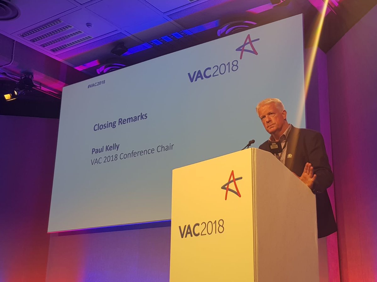 vac_conference's tweet photo. Can’t believe we’re here but Closing Remarks now by Paul Kelly for #VAC2018. 3 October 2019 for #VAC2019 is announced and we will see you there! https://t.co/Fv8xJPpGCK