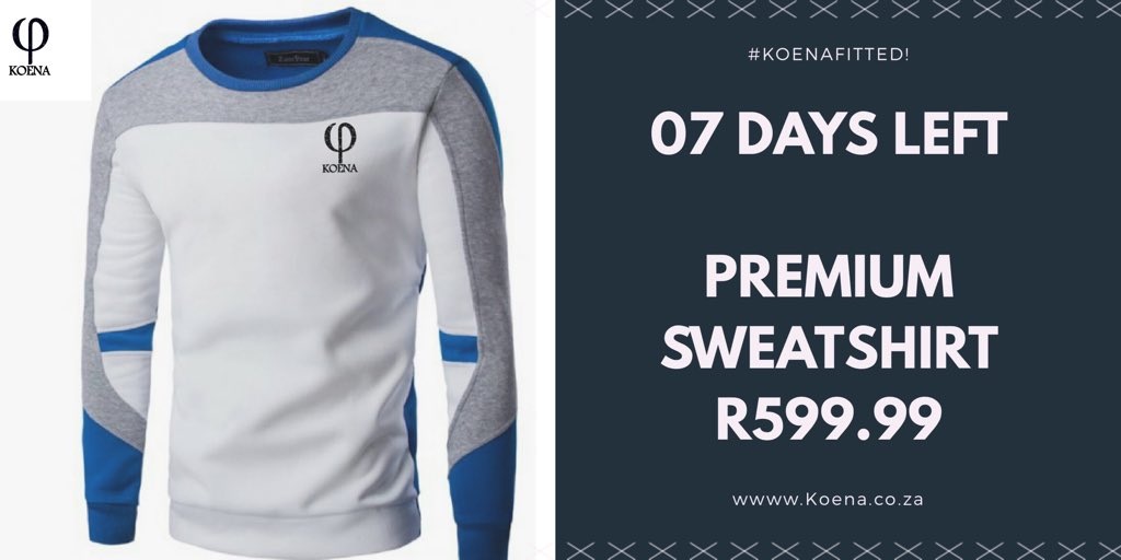 Koena_za's tweet photo. 07 Days left..
Premium Sweatshirts
R599.99. #KoenaFitted #QuitQuitting https://t.co/a6lCQwK0wj