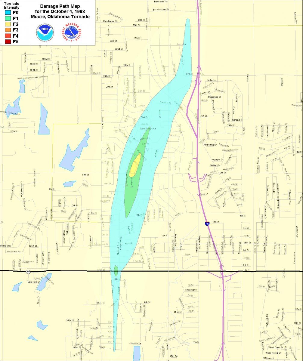 OKTornadoDB's tweet photo. 1998 Moore Tornado:
Rating: F2
Injuries: 0
Duration: 7 mins
Width: 300 yards (max)
Path Length: 3 miles
Source: Norman (NWS)
#okwx #MooreStrong #OctoberOutbreak https://t.co/cOhlT4kVoS