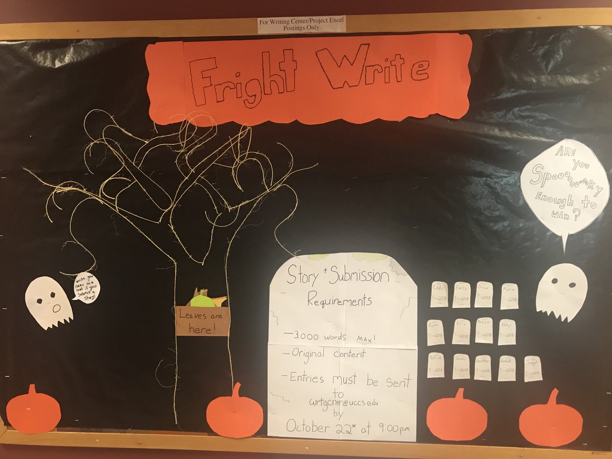 UCCSWritingCntr's tweet photo. Submit a story to #FrightWrite and get your name added to the haunted cemetery outside of the Writing Center! #UCCS https://t.co/kxMSBIXM7O