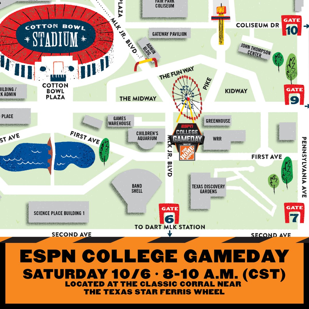 TexasLonghorns's tweet photo. Heading to @CollegeGameDay?

8️⃣am: Classic Corral
🔟am: Head into the Cotton Bowl for the final hour!

➡️https://t.co/GxGyxrFN4c

#HookEm🤘 #BeatOU https://t.co/fIGJkYc6BZ