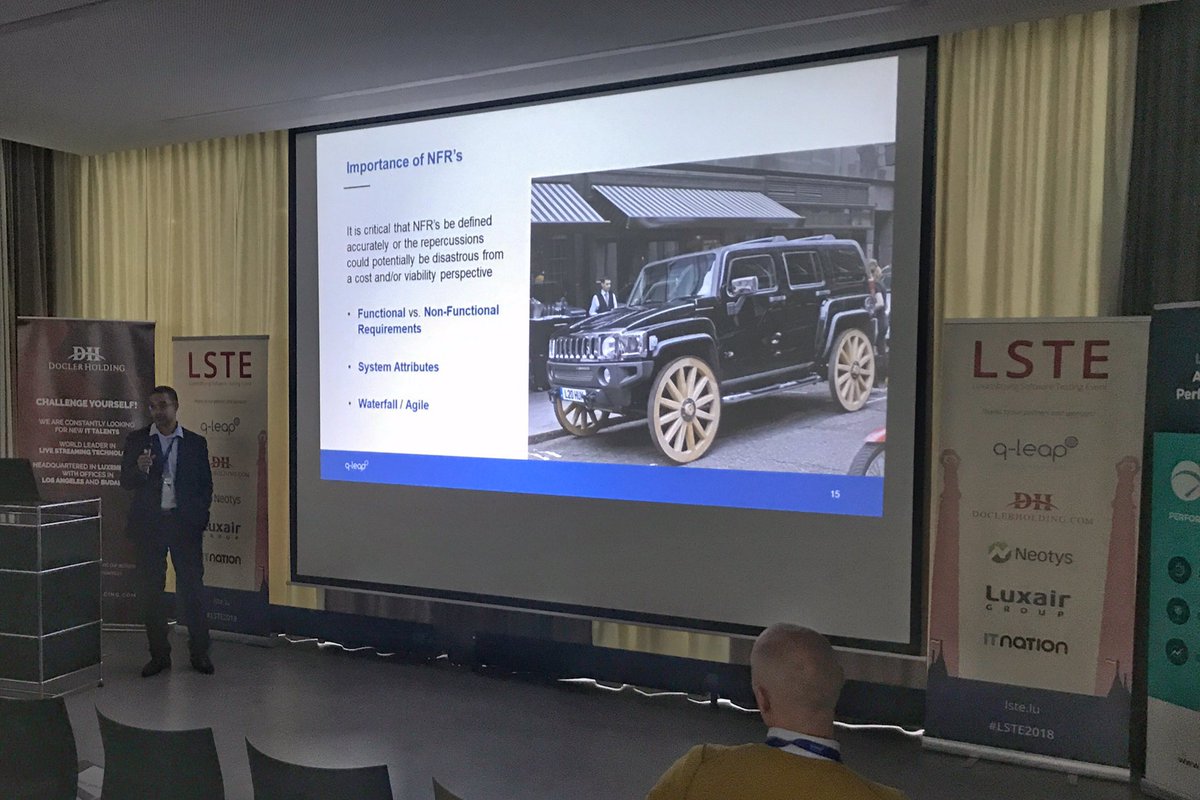chrissbaumann's tweet photo. Dennis Monteiro about "The importance of Non Functional Requirements" #LSTE @qleap_sa https://t.co/Alk1tqHo3d