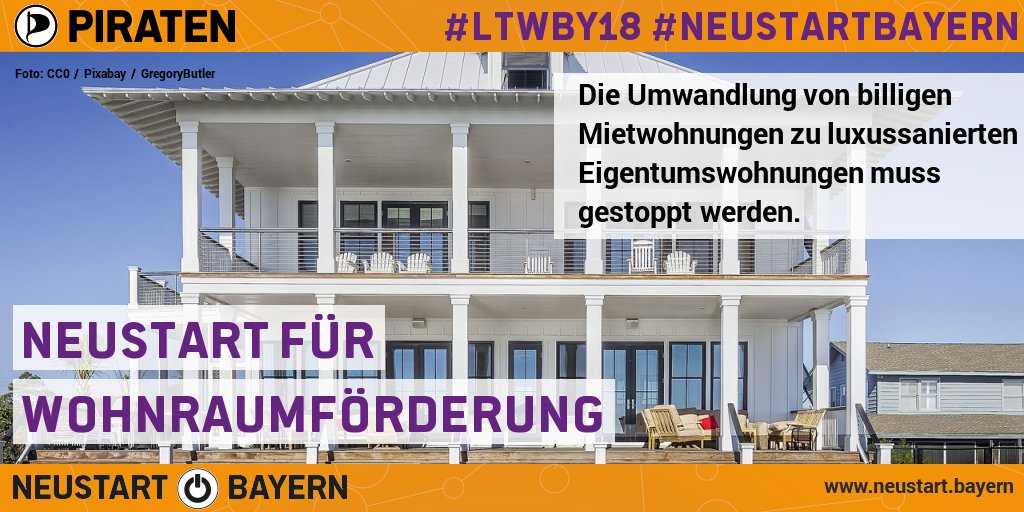 Es gibt viele Gründe #Piraten zu wählen. Hier erfährst du jeden Tag einen davon. 30/36 Neustart für #Wohnraumförderung: Die Umwandlung von billigen #Mietwohnungen zu luxussanierten #Eigentumswohnungen muss gestoppt werden. neustart.bayern/wahlprogramm-2… #NeustartBayern #ausspekuliert