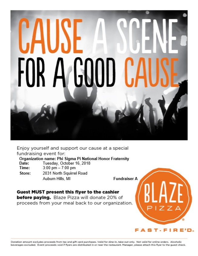 PhiSigmaPiOU's tweet image. We have a fundraiser coming up October 16th at Blaze Pizza in Auburn Hills from 3pm to 7pm! The attached flyer must be presented either digitally or physically for us to get credit for the purchase. Share the flyer with everyone you know! 😀🍕🍕🍕