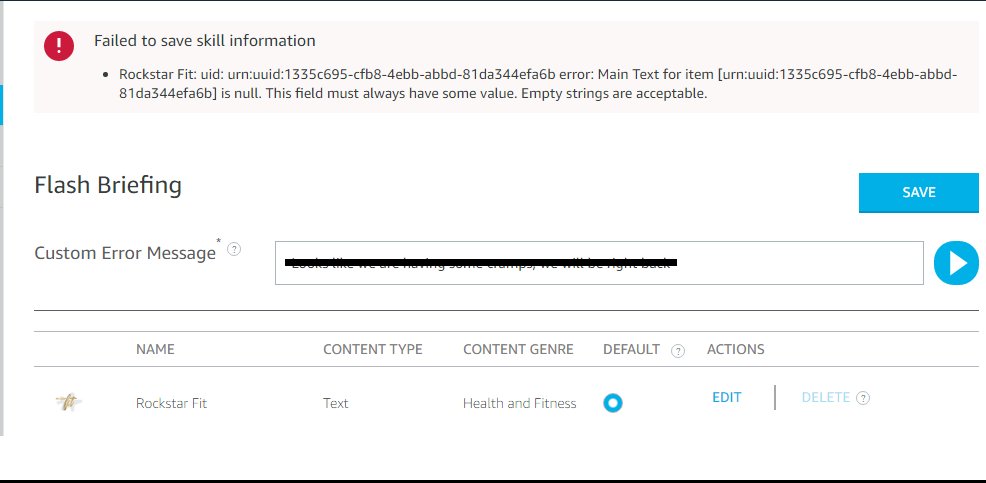 modiharsh2's tweet image. I am stuck with this silly error. Even though all the fields are filled, not able to save the flash briefing skill. Any quick pointers ?

#AlexaSkills #AlexaDeveloper @alexadevs #Help #FlashBriefing