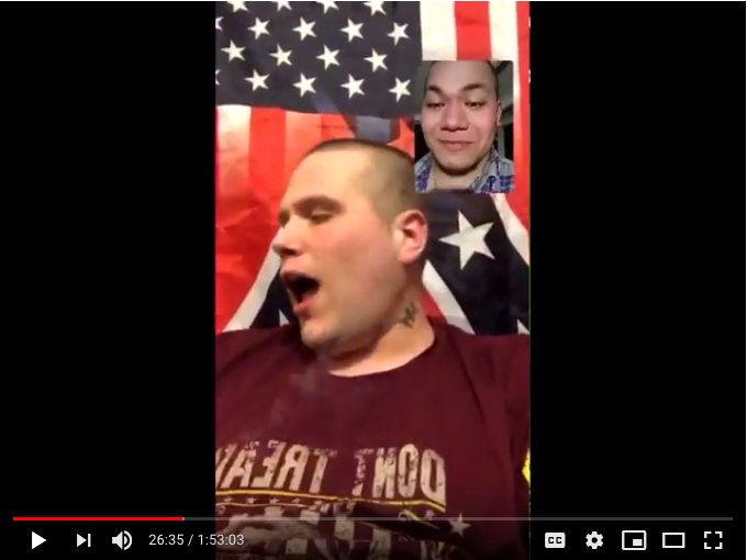 4.) Here's New Hampshire American Guard President John Camden skyping with Tiny Toese,  @Resist_Marxism's featured speaker on Saturday. You can see the Wolfsangel tattoo on John's neck. That's a symbol often appropriated by neo-Nazis:  https://www.adl.org/education/references/hate-symbols/wolfsangel