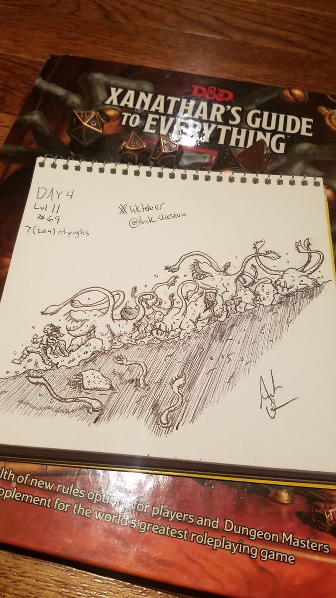 nick_uro's tweet photo. #Inktober2018 Day 4
#XGtE Underdark Random Encounter Tables. Lvl 11 (1d20), #69 (1d100), 7 (2d4) Otyughs.
Shitty ballpoint pen edition, since I forgot my good pens at home lol.
#DnD #inktober https://t.co/ySh33lZJT6