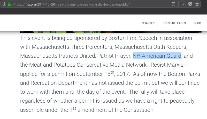 3.) But  @Resist_Marxism has *always* been affiliated with white supremacy. This screenshot is of their press release announcing their first even, the Rally for the Republic in November 2017. They proudly list the New Hampshire chapter of the American Guard as a co-sponsor.