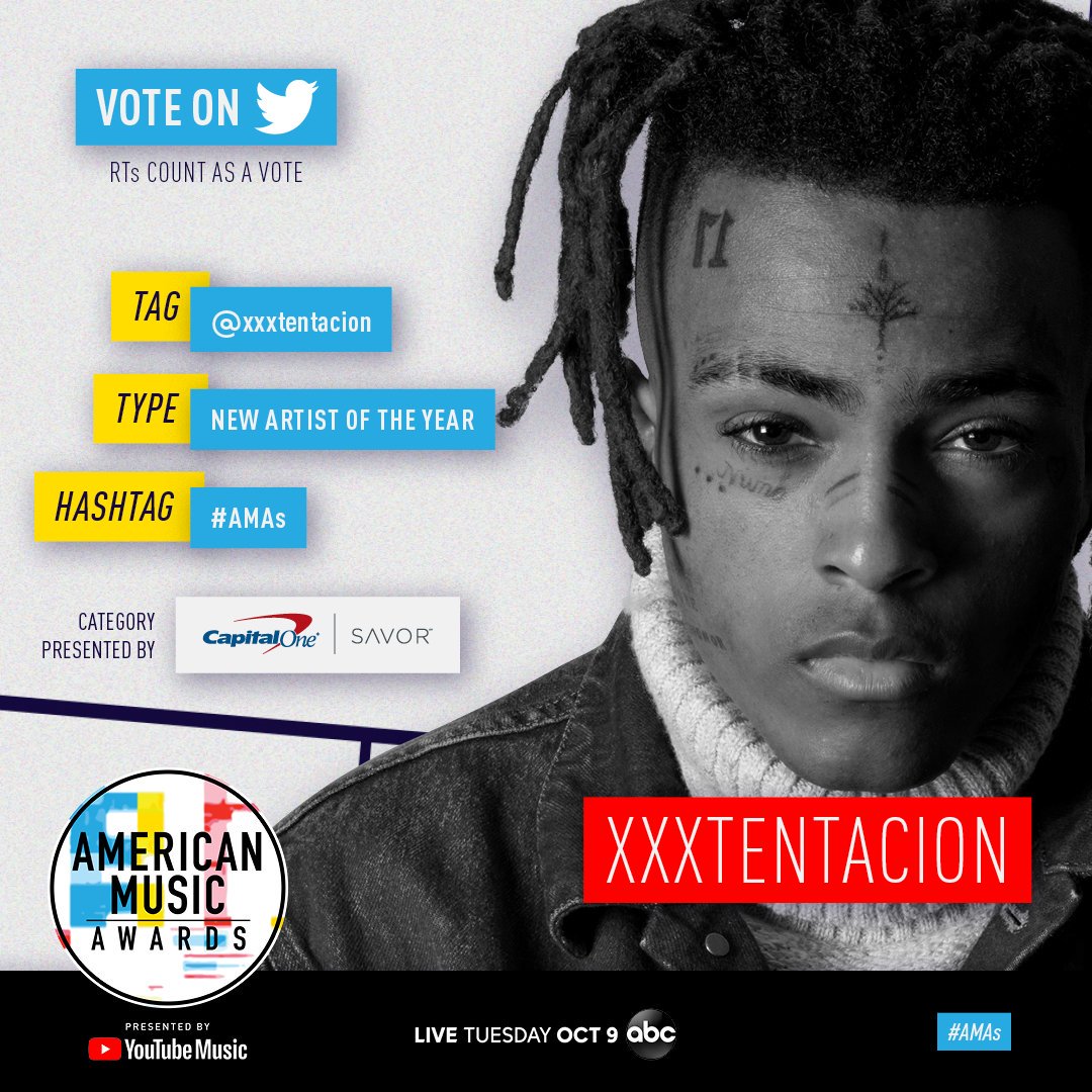 ABCNetwork's tweet photo. RT to vote for XXXTentacion to win New Artist of the Year presented by the @CapitalOne Savor Card at the #AMAs! https://t.co/U3wEBh6HjU