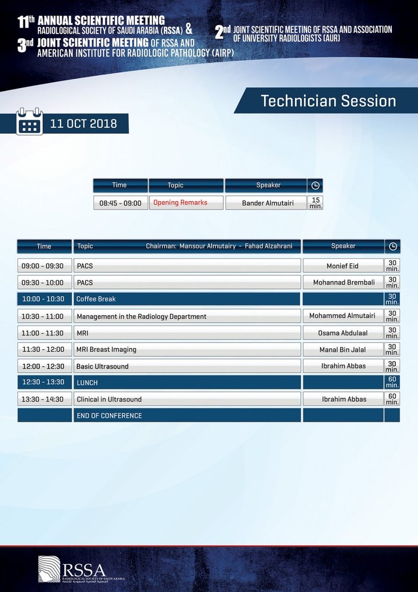 RadiologyKauh's tweet photo. (Technologists program) Conference 2018 Tuesday, Wednesday and Thursday,October 9-11, 2018 at Le Meridien Hotel, Jeddah KSA.
#RSSA2018
#Radiologists
#Radresidents
#Radiographer
#Students https://t.co/aawJX8vn2F https://t.co/d1LFeyywPL