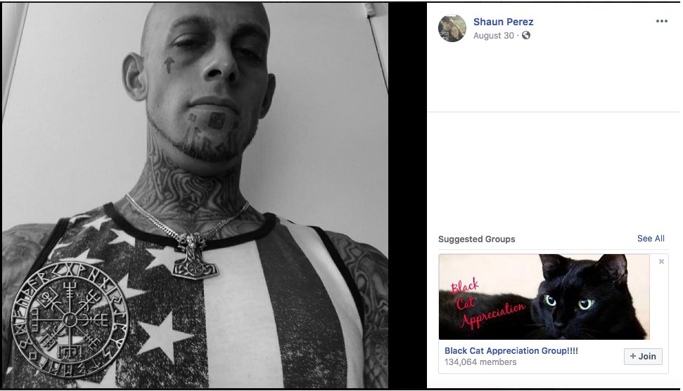 10.) And lastly, here's Florida-based Shaun Perez. Notice the Hammer of Thor hanging around his neck? That's a symbol often appropriated by Nazis.