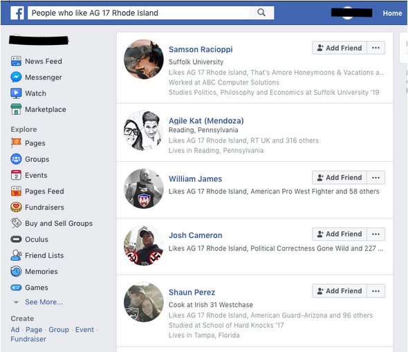 6.) And the whole American Guard is like this, too. This is a screenshot I just took of who likes their page on Facebook. Let's just go through the Rhode Island American Guard and count how many Nazis we see.