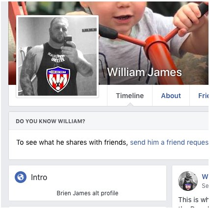 8.) Down from her is "William James," the Facebook alt of American Guard founder Brien James. James is a former member of the KKK and Outlaw Hammerskins, and in 2000, beat a man almost to death for refusing to sieg heil:  https://www.splcenter.org/fighting-hate/extremist-files/individual/brien-james