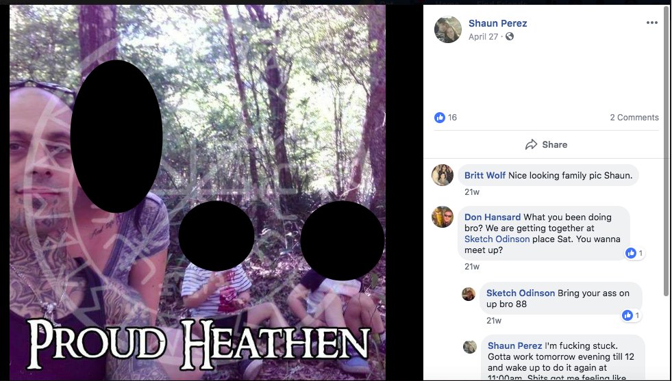 11.) Let's count how much Nazi shit is in this picture of Rhode Island American Guard member Shaun Perez. His friend invites him to hang out by saying, "Bring your ass on up bro 88." "88" is common Nazi slang for "Heil Hitler." He also has a German Iron Cross on his collarbone.
