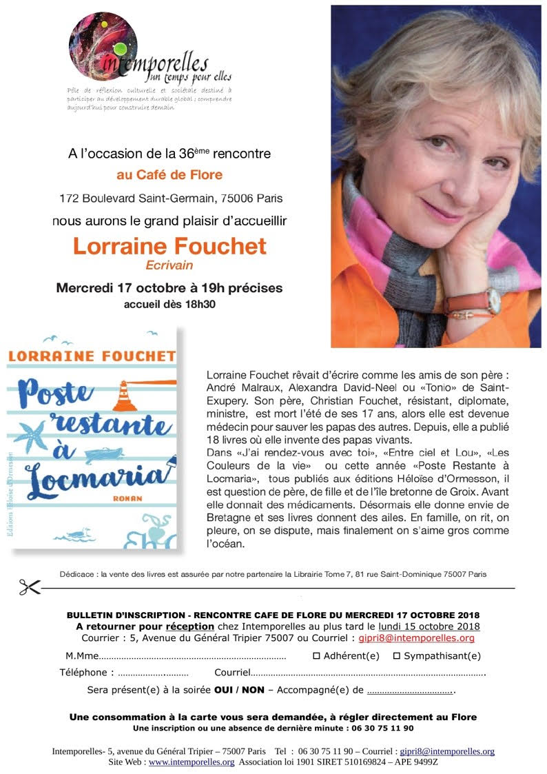 L'association les intemporelles inviteront Lorraine Fouchet pour une rencontre autour de la sortie de son dernier roman : poste restante à Locmaria. 
L'événement se tiendra au café de Flore le mercredi 17 octobre à partir de 19h.