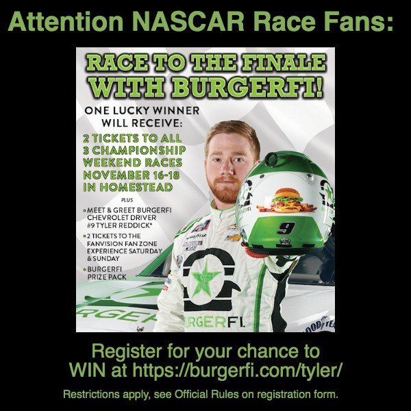 #RaceFans #NASCAR #Burgerfi #TylerReddick #HomesteadSpeedway #burgers #championshipweekend #meetandgreet #prizepackage #bestburgers