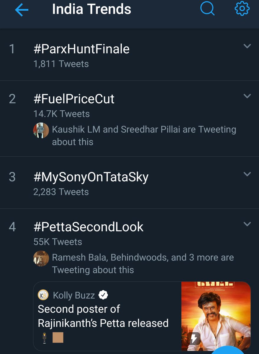 Abiram05588562's tweet photo. Various trends for #PettaSecondLook
At No.4 in India , at no.1,6th,8th &11th in Top Trends , At 2 & 5th in Chennai Trends
#Thalaivar #Superstar #Rajinikanth
🔥❤️🤘😎
#PETTA #PettaSecondLook #Petta2ndLook #superstarwithsunpictures https://t.co/NqgbQka6RK