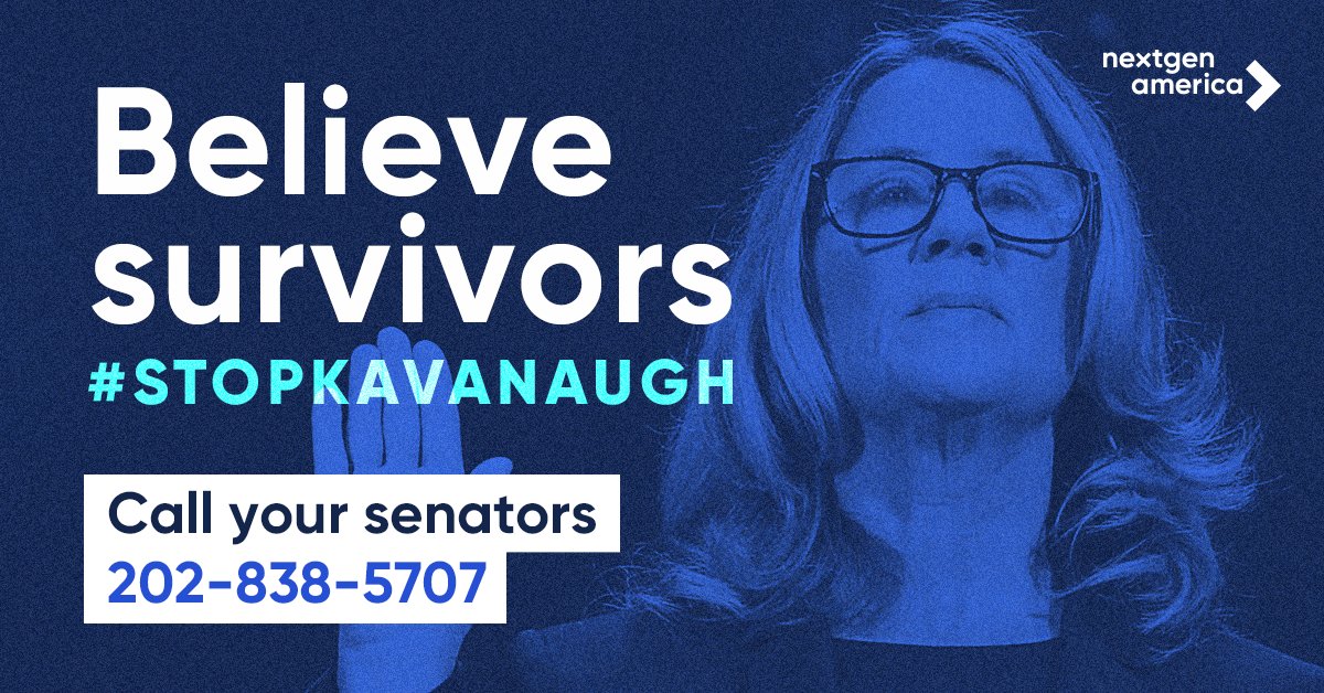 NextGenAmerica's tweet photo. 📞 Call your senators at 202-838-5707. 

📱 Text NEXTGEN to 82623 for #SCOTUS alerts. 

#StopKavanaugh #BelieveSurvivors https://t.co/LmWzTV7Nak