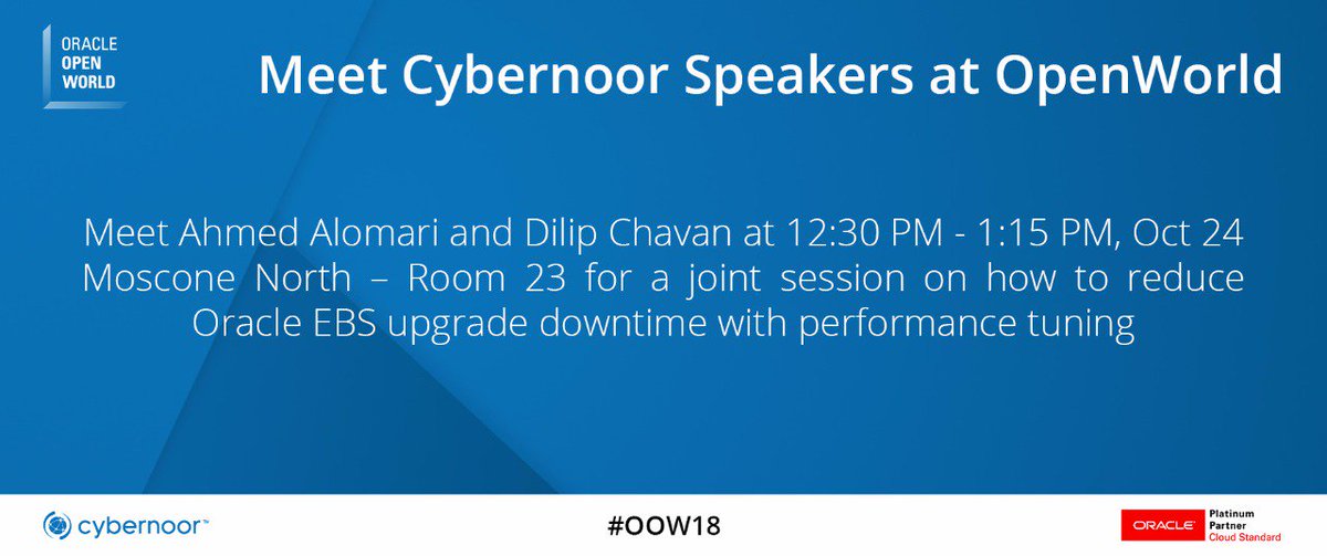 Cybernoor_Corp's tweet image. Save the date on Oct 24, 12:30 PM PST to meet Cybernoor speakers at #oow18  #oracle #oracleapplications #oracleebusinesssuite 
See you soon in San Francisco 🌉