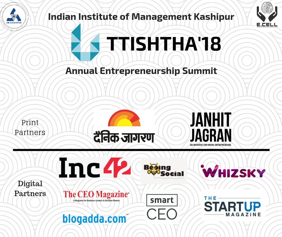 ecell_iimksp's tweet photo. E-Cell @IIMKspECell proudly announces media partnership with @Inc42, @TheCEOMagazine, @JanhitJagran, @Whizsky, @StartupCEO, @thestartupmag , @blogadda.com and @beeingsocial.

#uttishtha #IIMKsp #IIMKashipur https://t.co/50Nmtx0J4n