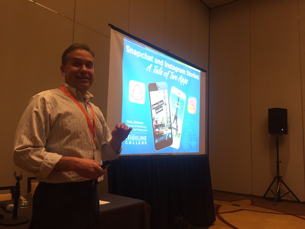 JoshGerstman's tweet image. Tony Johnson @HighlineTBirds  preeenting on Snapchat and Instagram at CASE Conference for Community College Advancement. #casecc #HighlineCollege