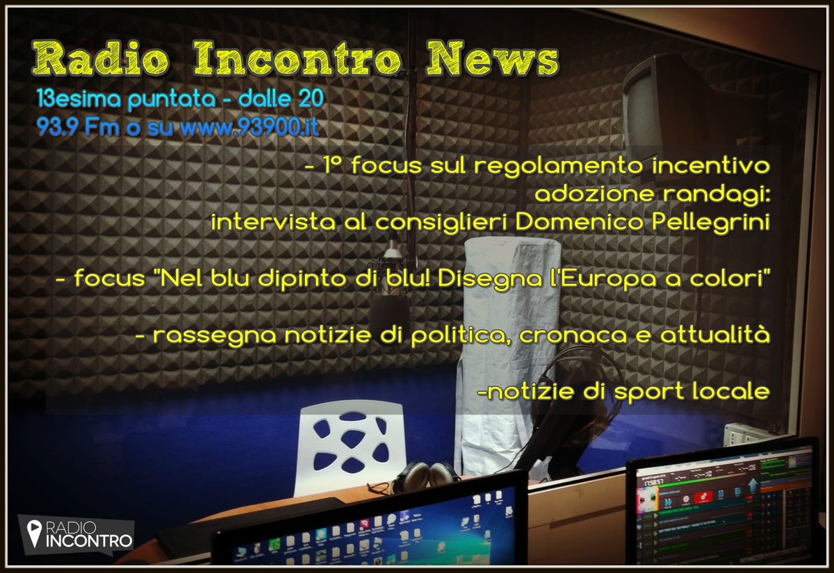 ri93900's tweet photo. Tra dieci minuti la 13esima puntata di #RadioIncontroNews: notizie di attualità, politica, cultura e sport. Avremo l'intervista al consigliere  Domenico Pellegrini (FI) in merito al regolamento incentivi adozione randagi. Su 93.9 in Fm o in streaming su https://t.co/jZTntam4uz. https://t.co/hKMNXcvoIj