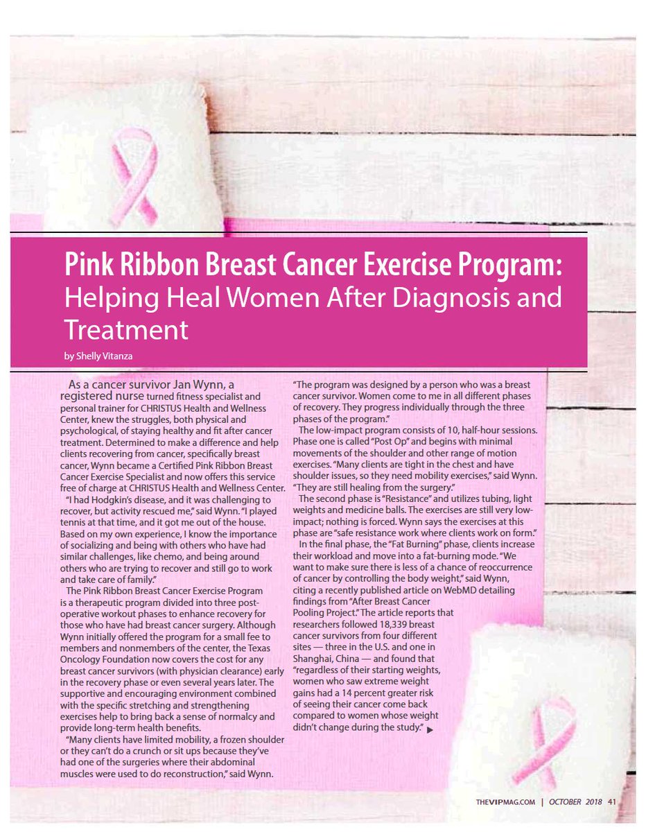 CHRISTUSHWC's tweet photo. Read our article in this month's VIP Magazine our Pink Ribbon post-operative workout program for breast cancer patients https://t.co/o9rWAWYfGW https://t.co/Wp3h4MnreQ