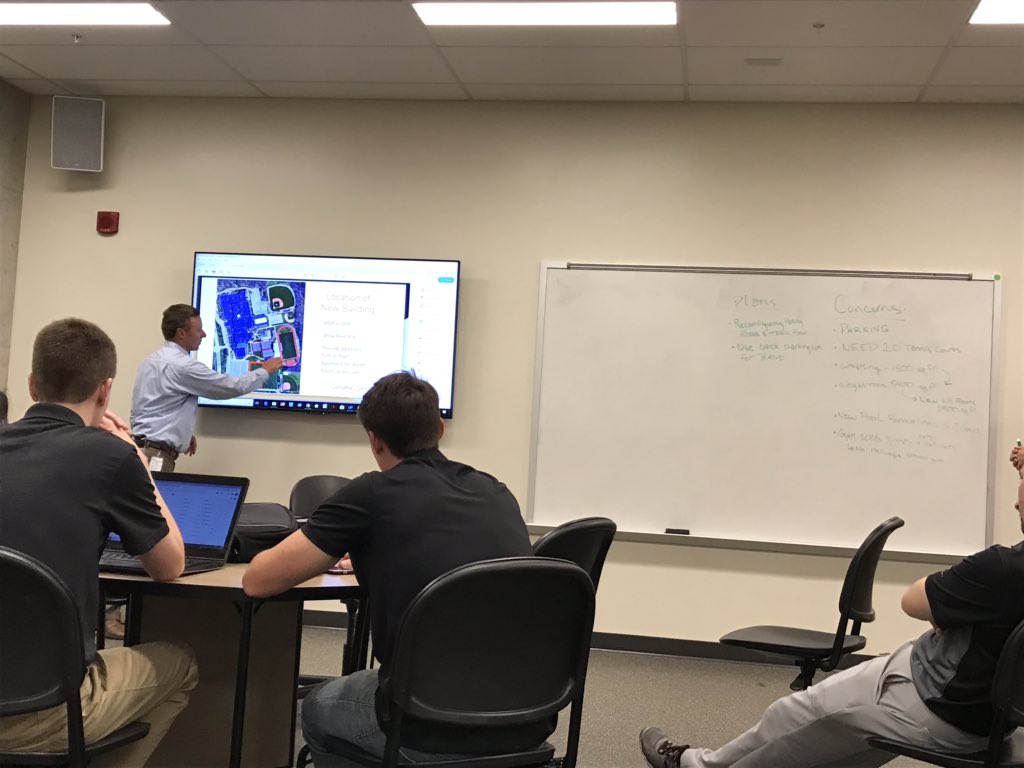 PurdueCNE's tweet image. Ryan Walden, Director of Athletics for McCutcheon High School, is sharing the school’s short and long term goals.  Our Capstone students will tailor their conceptual designs to the needs of the school!  #clientinteraction #purdueCEM
