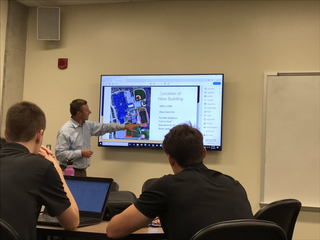 PurdueCNE's tweet image. Ryan Walden, Director of Athletics for McCutcheon High School, is sharing the school’s short and long term goals.  Our Capstone students will tailor their conceptual designs to the needs of the school!  #clientinteraction #purdueCEM