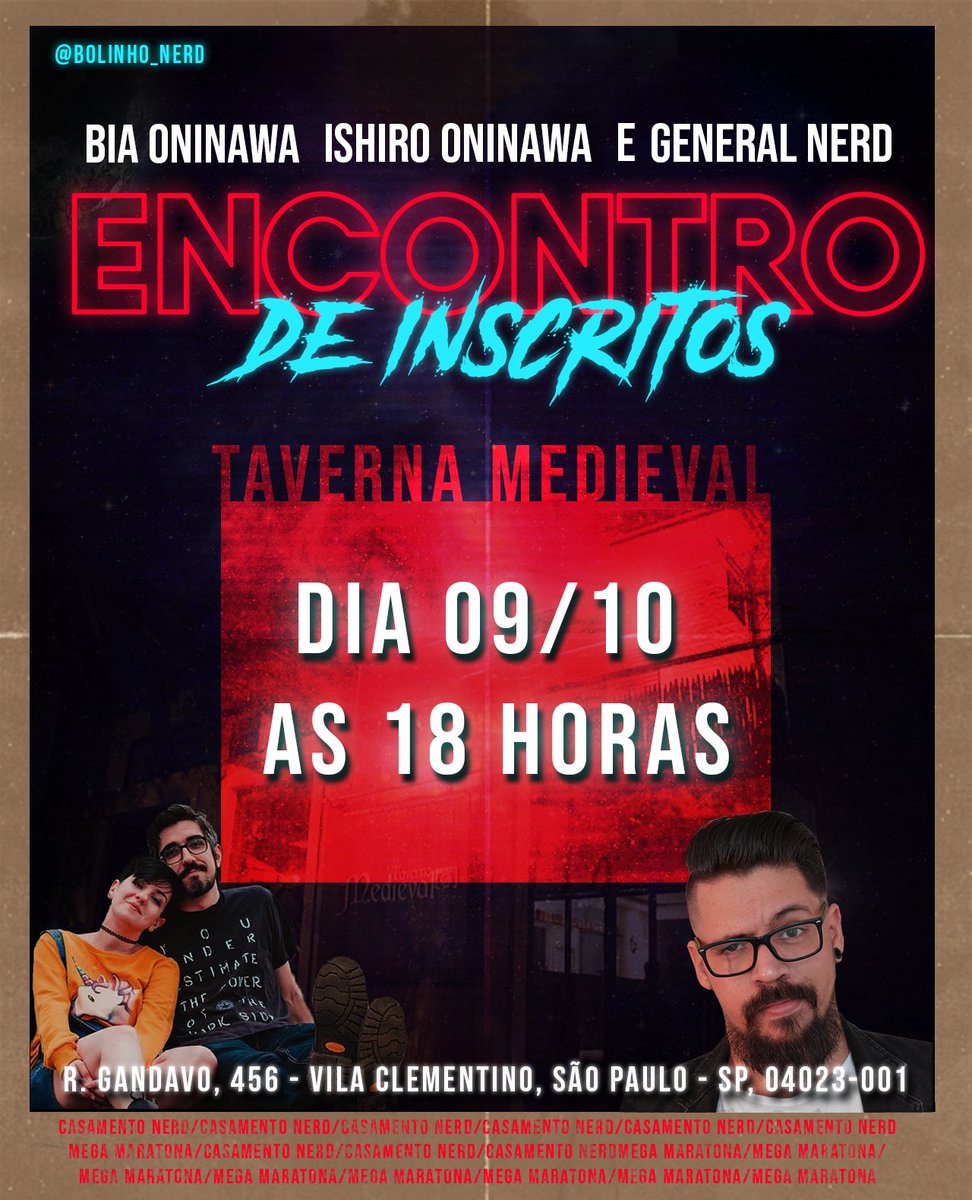 Bolinho_Nerd's tweet photo. dia 9 vai ter encontro do @CasamentoNerd e do @GeneralNerdBR!! #CasamentoNerd
#GeneralNerd #EncontroComFans #TavernaMedieval https://t.co/2gEuTb7OpX
