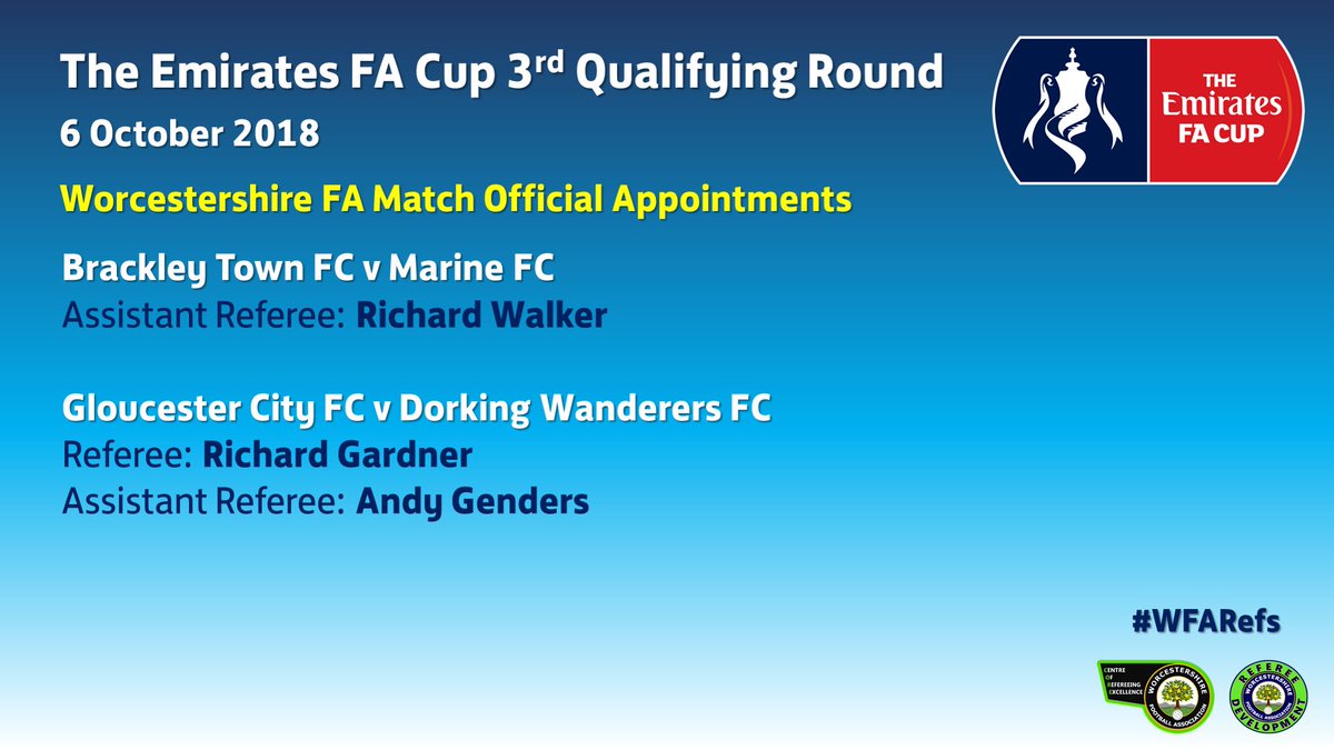WorcsFA's tweet photo. Congratulations to all the @WFAReferees who have been appointed to officiate in The FA Cup 3rd Qualifying Round!
๐๐
#WFARefs #SupportTheRef https://t.co/9yRpG6LByS
