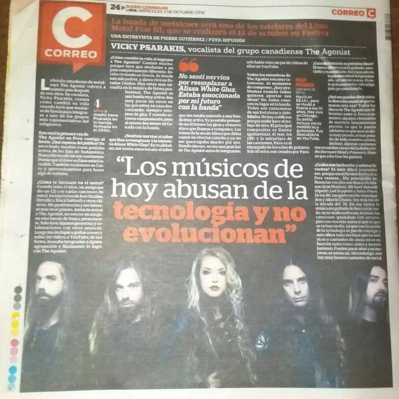 theagonist's tweet photo. .@VickyPsarakis did an interview with one of Peru's biggest newspapers @diariocorreo talking about our upcoming show at #LimaMetalFest @LMF_2015! https://t.co/0jkGiJhioZ