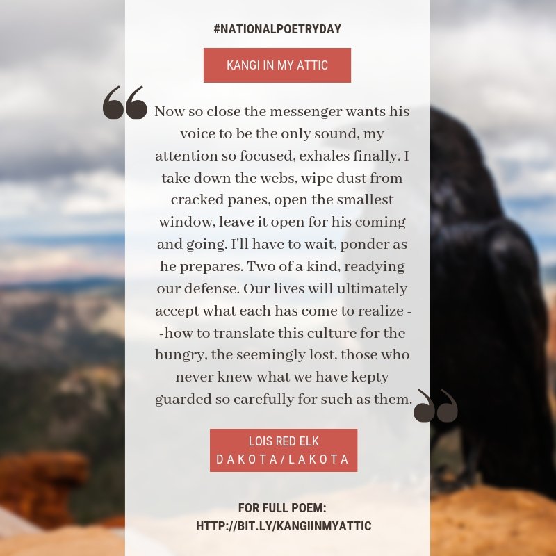 RMTLC's tweet image. Happy #NationalPoetryDay! Share your best #InspiredNative poetry! 
Here's a piece from #LoisRedElk 's piece "Kangi In My Attic" #RMTLC18 #Lakota #Dakota #Poetry