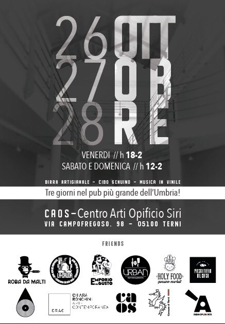 Roba da Malti &amp; Friends #notordinarypubs <a href="/CAOSCentroArti/">CAOS - Centro Arti</a> #Terni 26-28 ottobre #birraartigianale #cibo genuino e #musica in #vinile facebook.com/events/2909885…