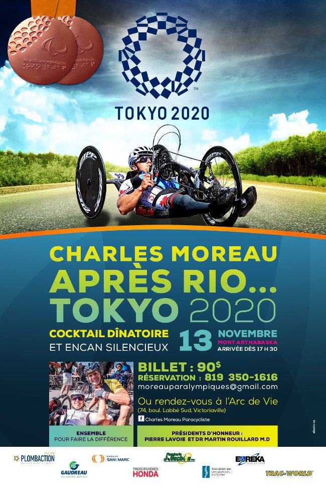 Venez en grand nombre le 13 novembre prochain. Présidents d'honneur Pierre Lavoie et Dr Martin Rouillard. Tous les profits de la soirée seront remis à Charles Moreau, pour le soutenir vers les Paralympiques Tokyo 2020. Réservation : 819-350-1616 <a href="/CanPARACycling/">Cycling Canada PARA</a> <a href="/legdpl/">legdpl</a>