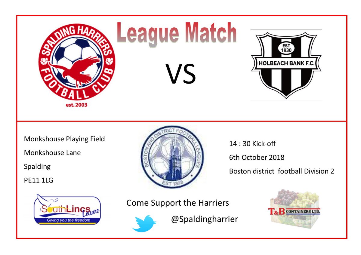 <a href="/SpaldingHarrier/">Spalding Harriers</a> return to league action this saturday when we play <a href="/BankHolbeach/">Holbeach bank Boston</a> at monkshouse lane . 
Kickoff : 14:30 

<a href="/spaldingsport/">Spaldingsport</a> <a href="/SpaldingVoice/">Spalding Voice</a> <a href="/Spalding2day/">SpaldingToday</a>