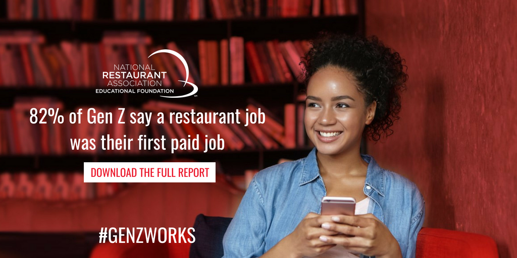 NRAEF's tweet photo. Was your first job in the #restaurantindustry? Take a look at our recent study that explores the relationship between younger generations and the industry: https://t.co/jDNuZXY9Na #GenZWorks #ServingGenZ #GenZ #restaurants https://t.co/69wCUbmEK7