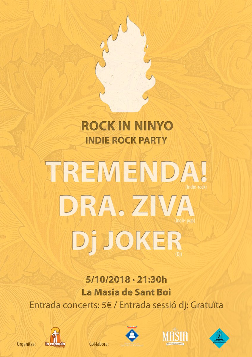 Els nostres plans musicals de demà (5/10) 
· Presentació de la XVII Mostra de Jazz de SantBoi - Exposició de pintures i actuació del nostre #BlackCombo (19h Museu de Sant Boi)
· Festa Indie-rock de #RockInNinyo, amb #DraZiVA, <a href="/Tremenda_Band/">Tremenda!</a> i #DjJoker (21:30h <a href="/MasiaSantBoi/">La Masia de Sant Boi</a> )
