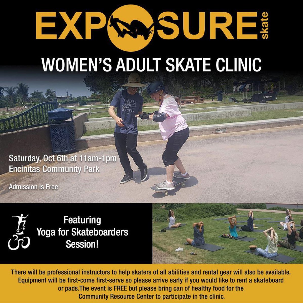 LADIES! Come join us THIS SATURDAY Oct 6th from 11am - 1pm at the @encinitasskateplaza. <a href="/exposureskate/">EXPOSURE</a> is hosting a FREE Women's Skate Clinic with FREE rental gear, FREE instruction from pros and FREE warm up session with @yogaforskateboarders. SIGN UP: bit.ly/2PbYysC