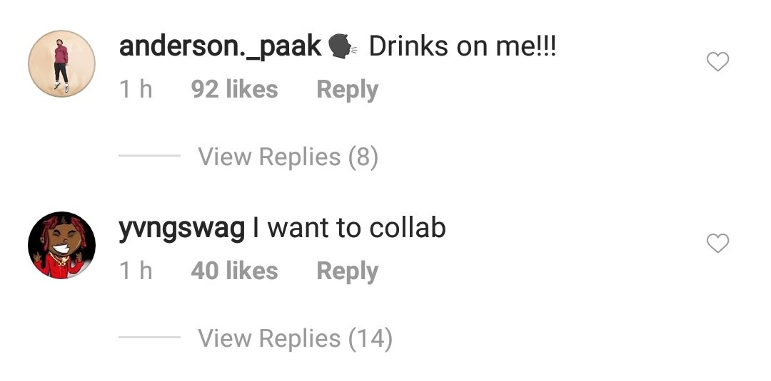 leetaevong's tweet photo. Anderson Paak left a comment "🗣 Drinks on me!!!" and yvngswag who seems to be very persistent on wanting to collab after TxT posted a vid of them dancing to his song 😂 please deliver @SMTOWNGLOBAL https://t.co/LxdKrnLK2O