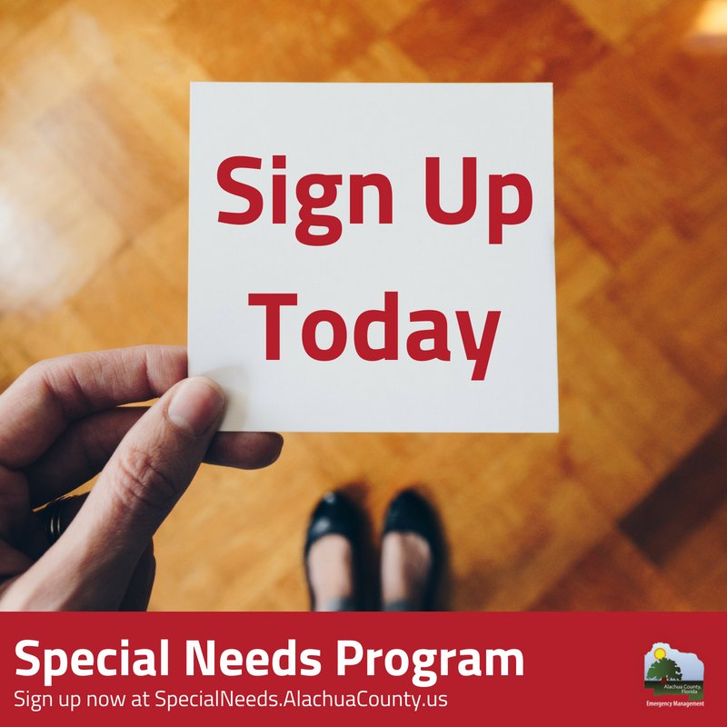 AlachuaCoEM's tweet image. Not sure if you are eligible for the Special Needs Registry? Signing up is FREE! Apply now: specialneeds.alachuacounty.us #PrepareNow #HurricaneSmart #SpecialNeedsProgram